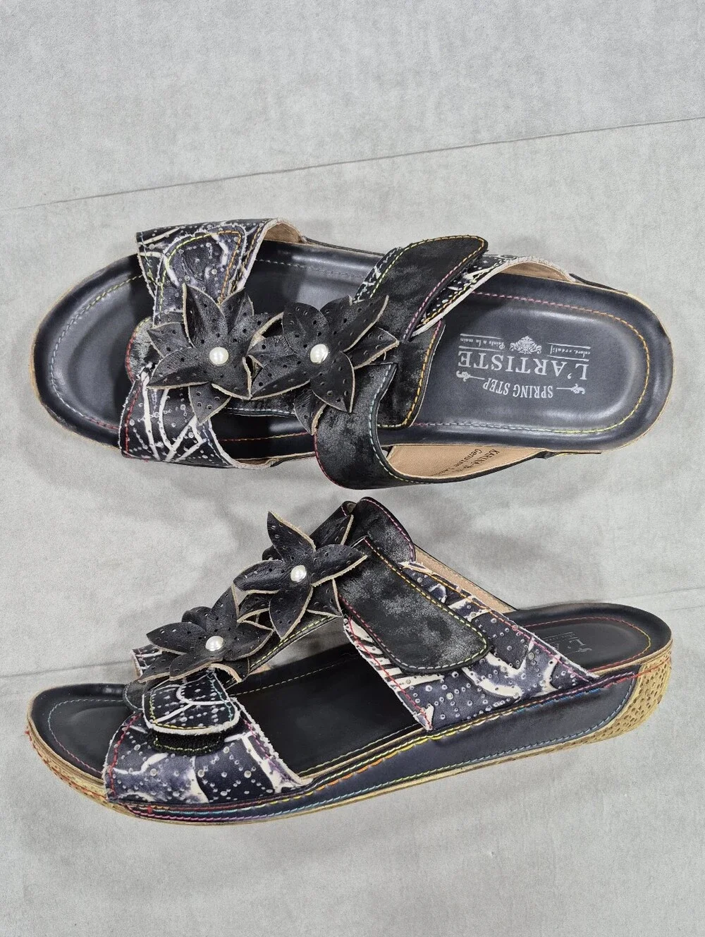 Spring Step Karina L' Artiste slide sandal women's 41 US 10 black flowers Boho